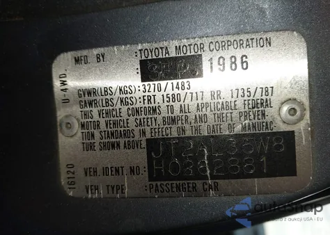 1987 Toyota Tercel Sr5 z USA, uszkodzony, nr VIN JT2AL35W8H0262881